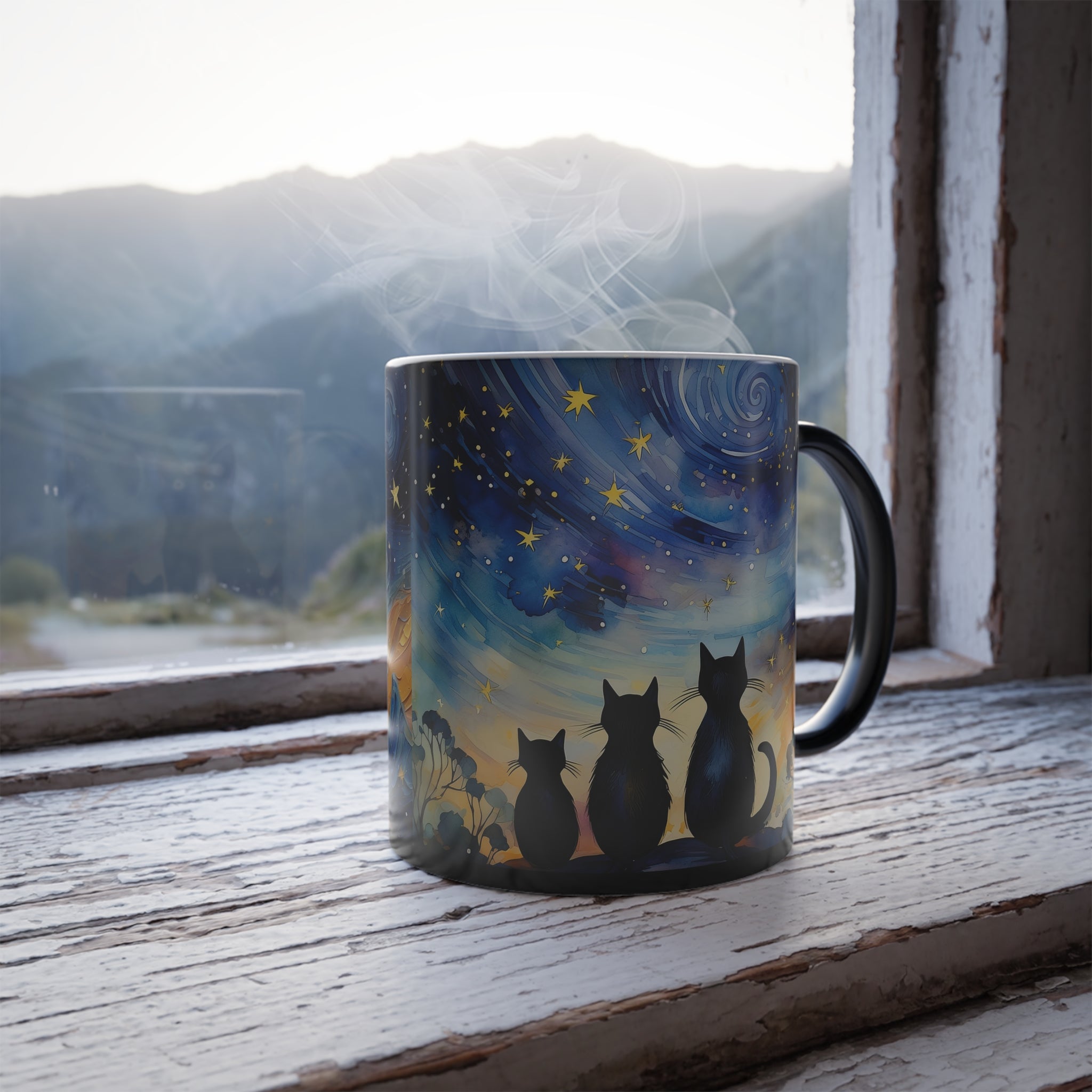 Three Black Cats Magic Mug – Color Changing Starry Night Coffee Cup (11oz)