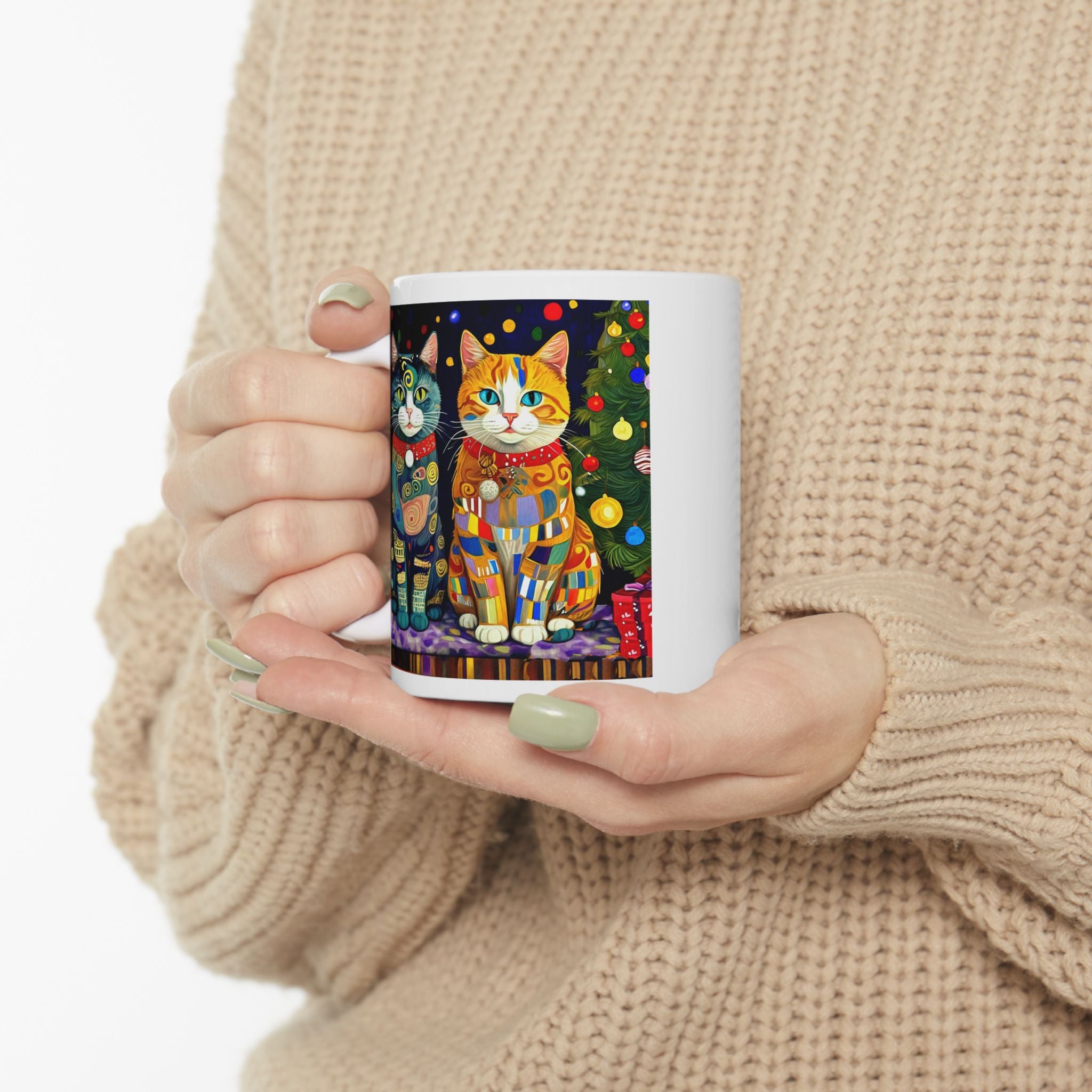 Mug - Colorful Christmas Cats Xmas Tree Klimt Style