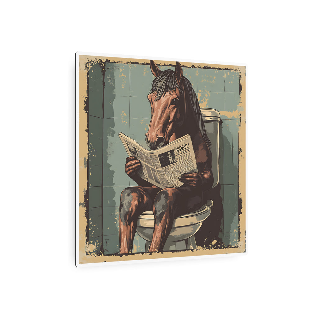 Metal Art Sign - Bathroom Humor, Horse Reading Newspaper on the Toilet, blue bathroom decor