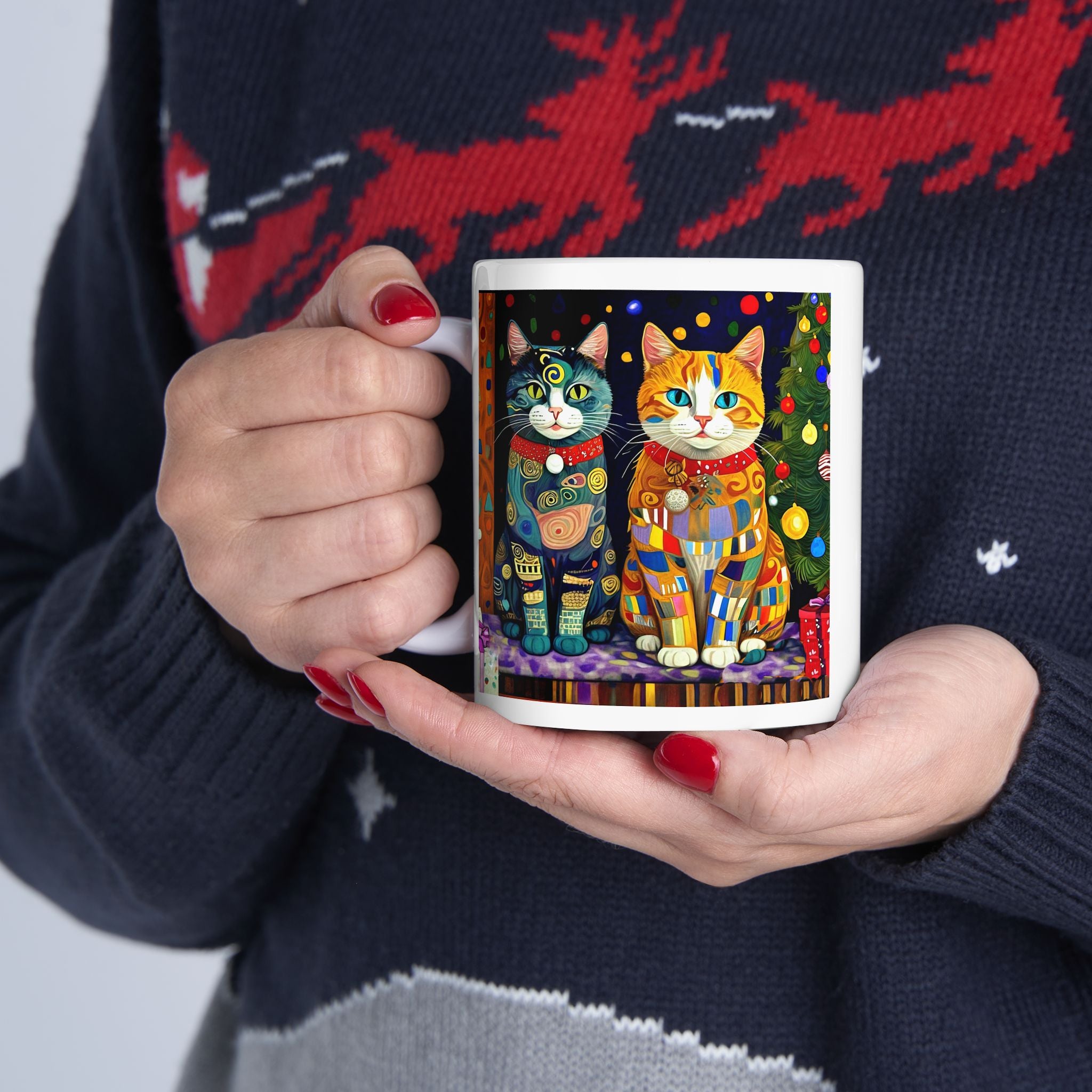 Mug - Colorful Christmas Cats Xmas Tree Klimt Style