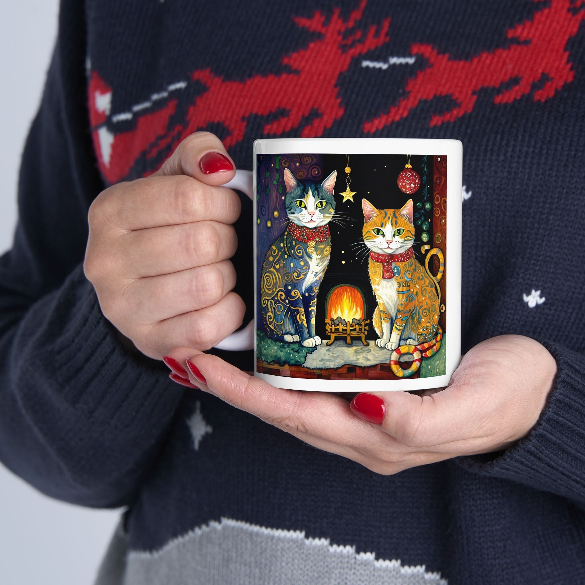 Mug - Colorful Christmas Cats Yule Fire Klimt Style