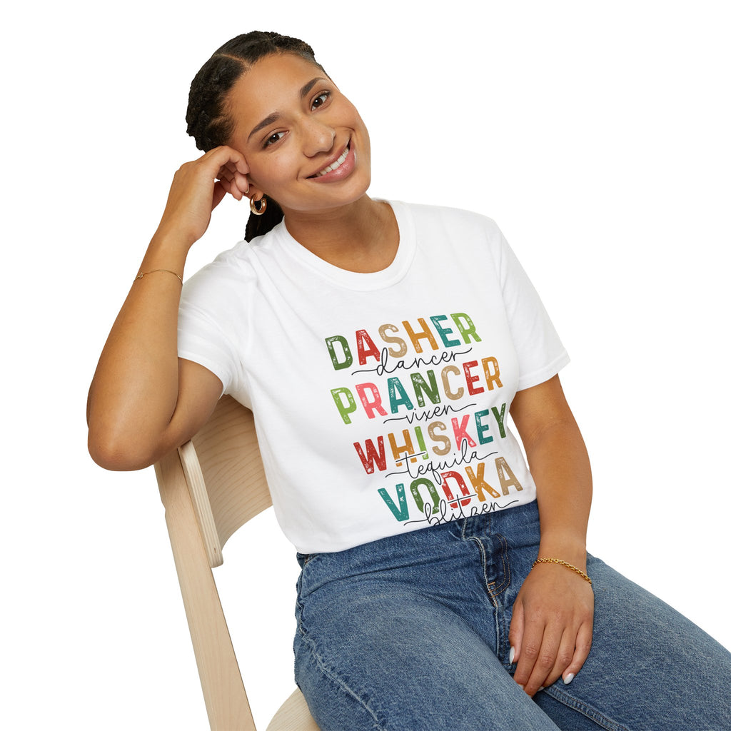 Holiday Reindeer Alcohol Unisex T-Shirt - Dasher Dancer Prancer Vixen Whiskey Tequila Vodka Blitzen