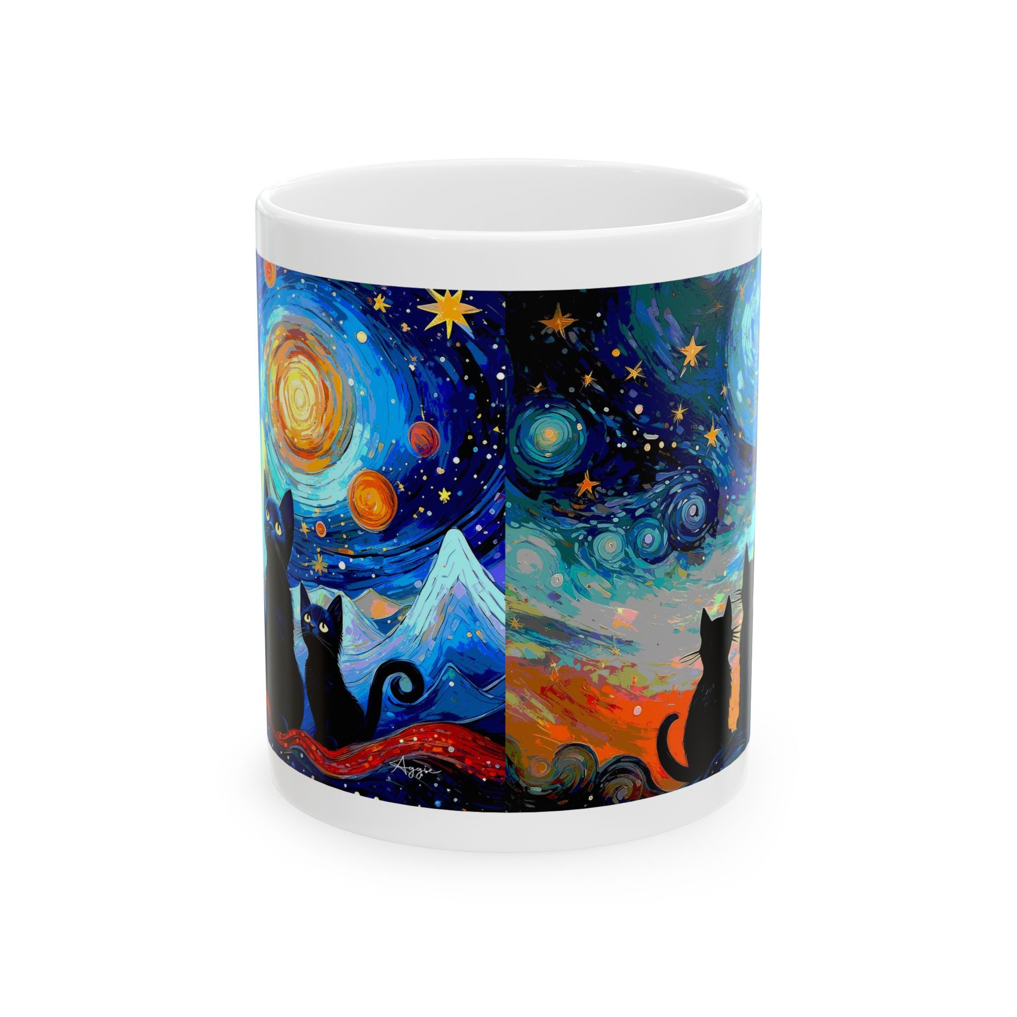 Coffee Mug – Black Cats Under a Starry Night Sky | 11oz & 15oz Ceramic Mug, Cat Lover Gift, Moon & Stars Drinkware, Cozy Reading Cup