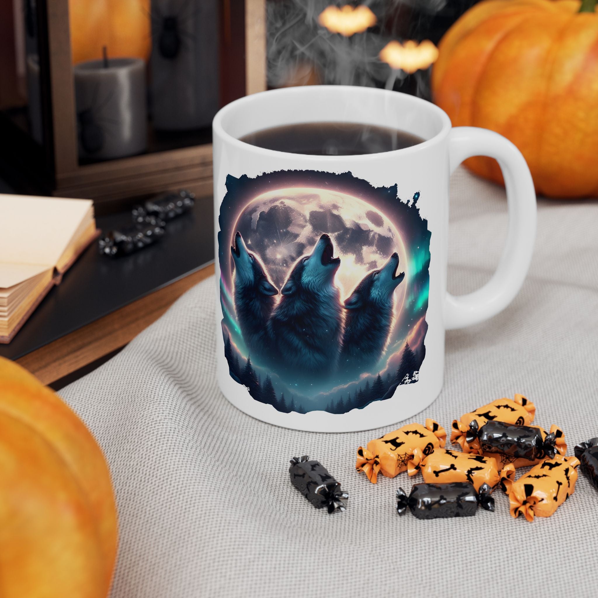Wolf Howling, Mountains, Moonlight Ceramic Mug (11oz, 15oz)