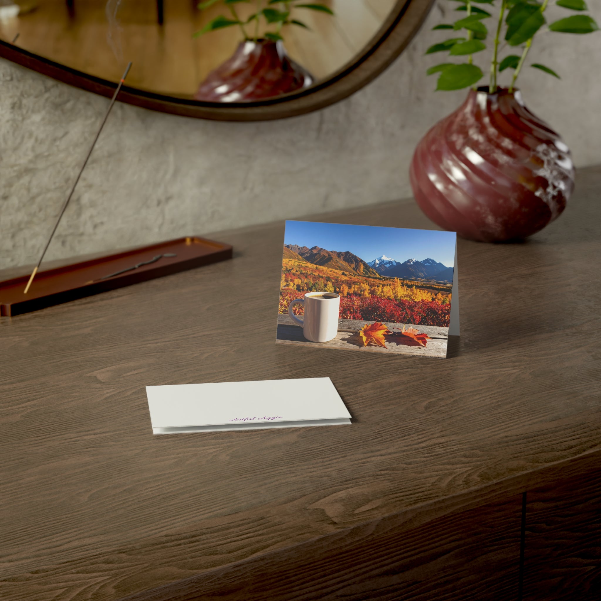 Autumn Mountain Getaway Greeting Card | Fall Colors & Coffee View | Blank Inside | Single or Multi-Pack (3.5x4.9 or 5x7)