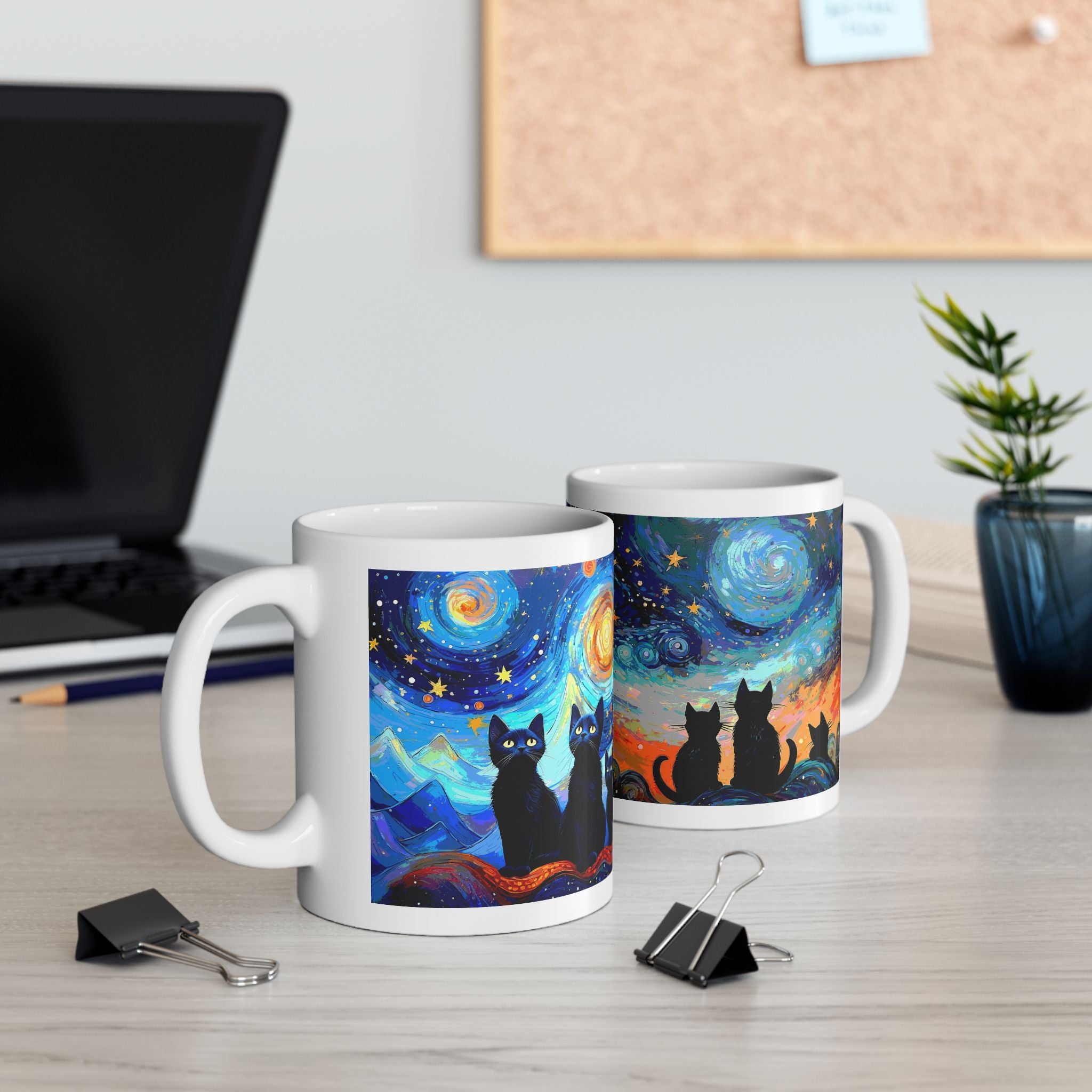 Coffee Mug – Black Cats Under a Starry Night Sky | 11oz & 15oz Ceramic Mug, Cat Lover Gift, Moon & Stars Drinkware, Cozy Reading Cup