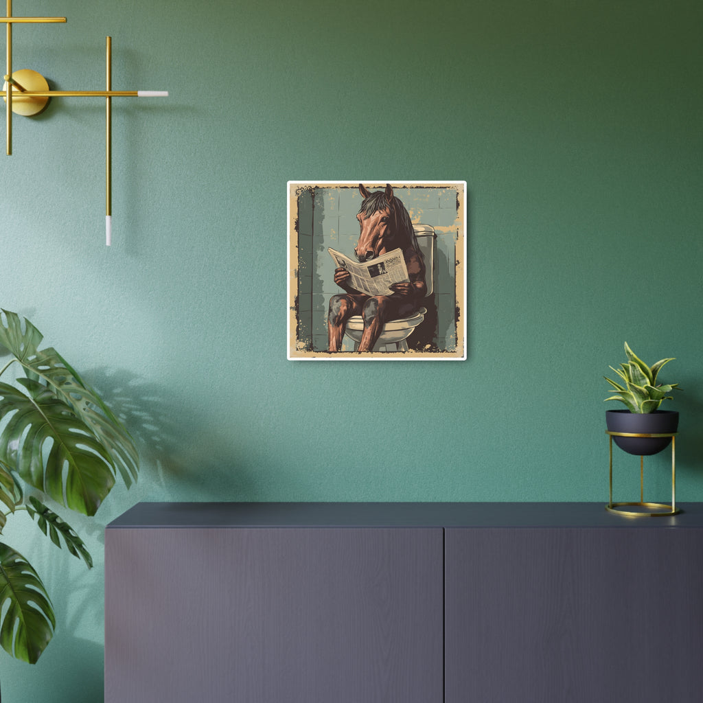 Metal Art Sign - Bathroom Humor, Horse Reading Newspaper on the Toilet, blue bathroom decor