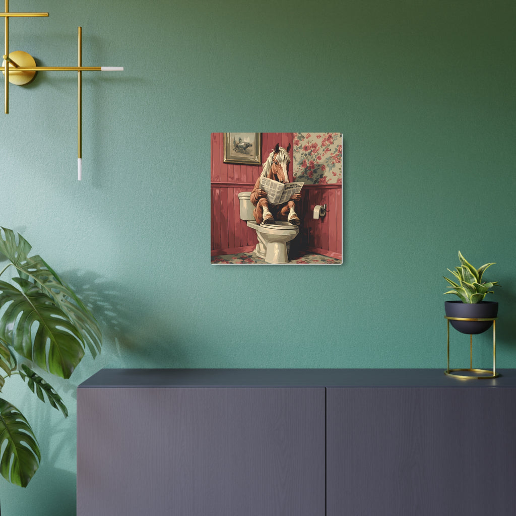 Metal Art Sign - Bathroom Humor Horse Reading Newspaper on the Toilet