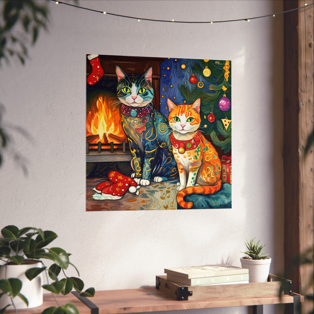 Christmas Cats Holiday Yule Fire Xmas Tree Colorful Fine Art Poster