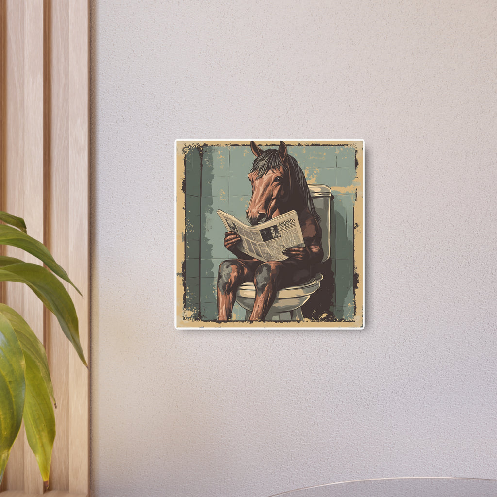 Metal Art Sign - Bathroom Humor, Horse Reading Newspaper on the Toilet, blue bathroom decor