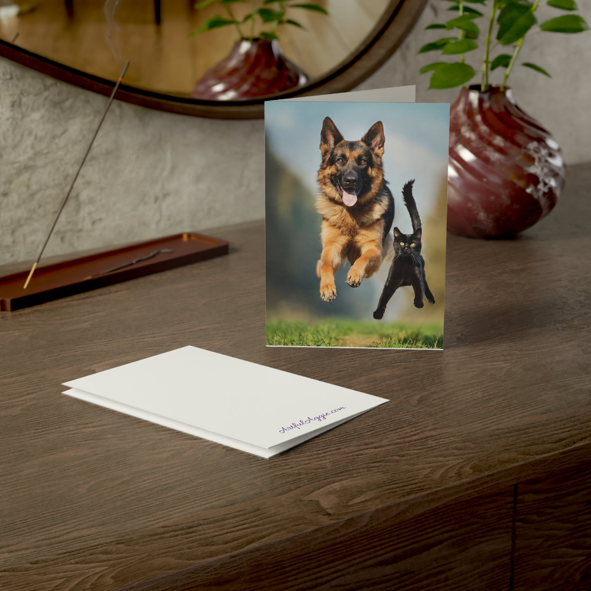 Greeting Card - German Shepherd and Black Cat Flying through the Air