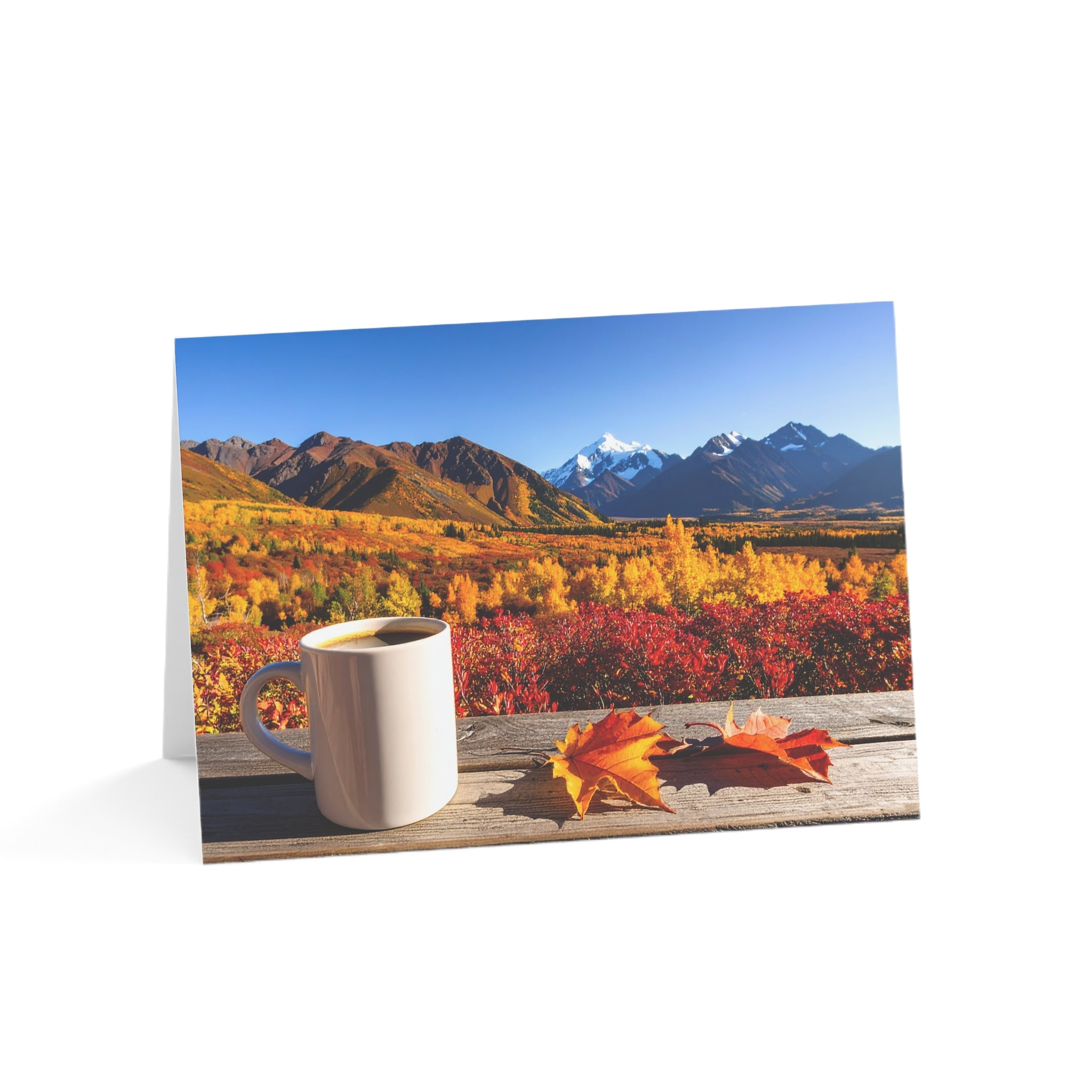 Autumn Mountain Getaway Greeting Card | Fall Colors & Coffee View | Blank Inside | Single or Multi-Pack (3.5x4.9 or 5x7)