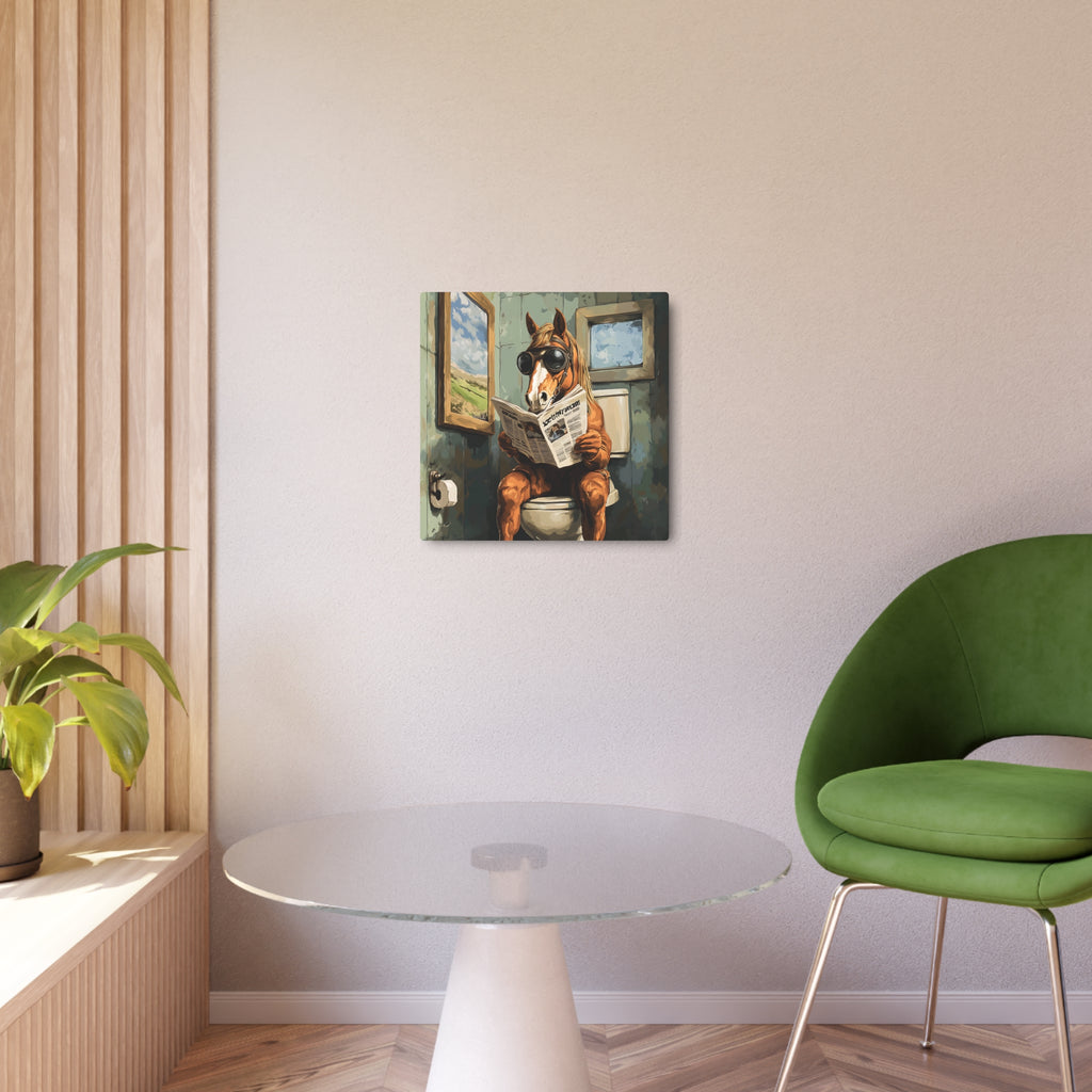 Metal Art Sign - Bathroom Humor, Horse Reading Newspaper on the Toilet, Rustic bathroom decor