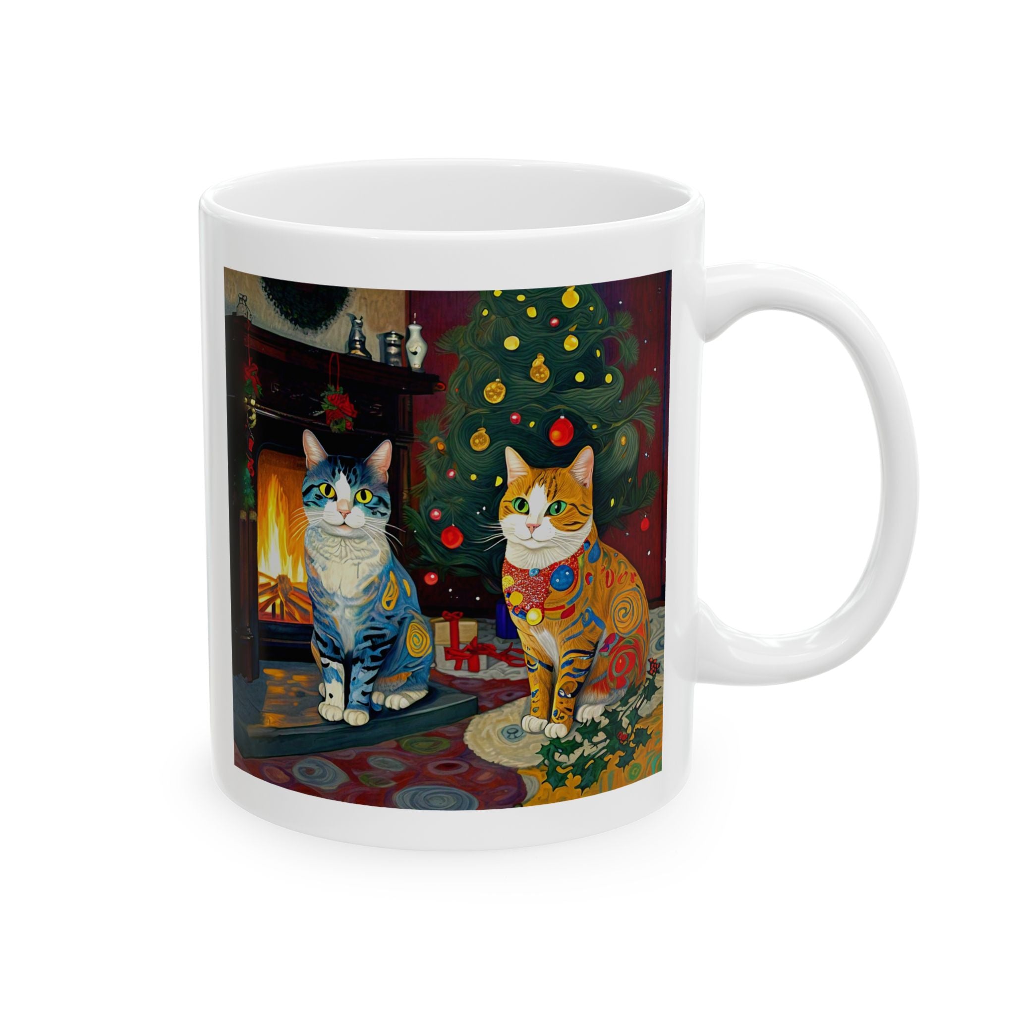 Mug - Colorful Christmas Cats Xmas Tree Yule Fire Klimt Style