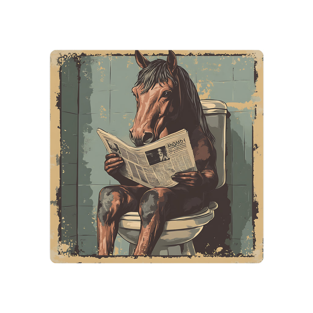 Metal Art Sign - Bathroom Humor, Horse Reading Newspaper on the Toilet, blue bathroom decor